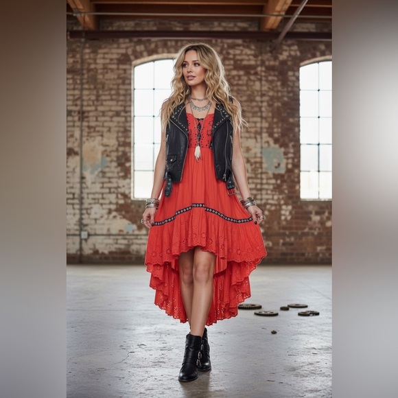Free People Dresses & Skirts - Free People Bossa Nova Eyelet Boho Hi-Low Maxi Dress Red Size 4